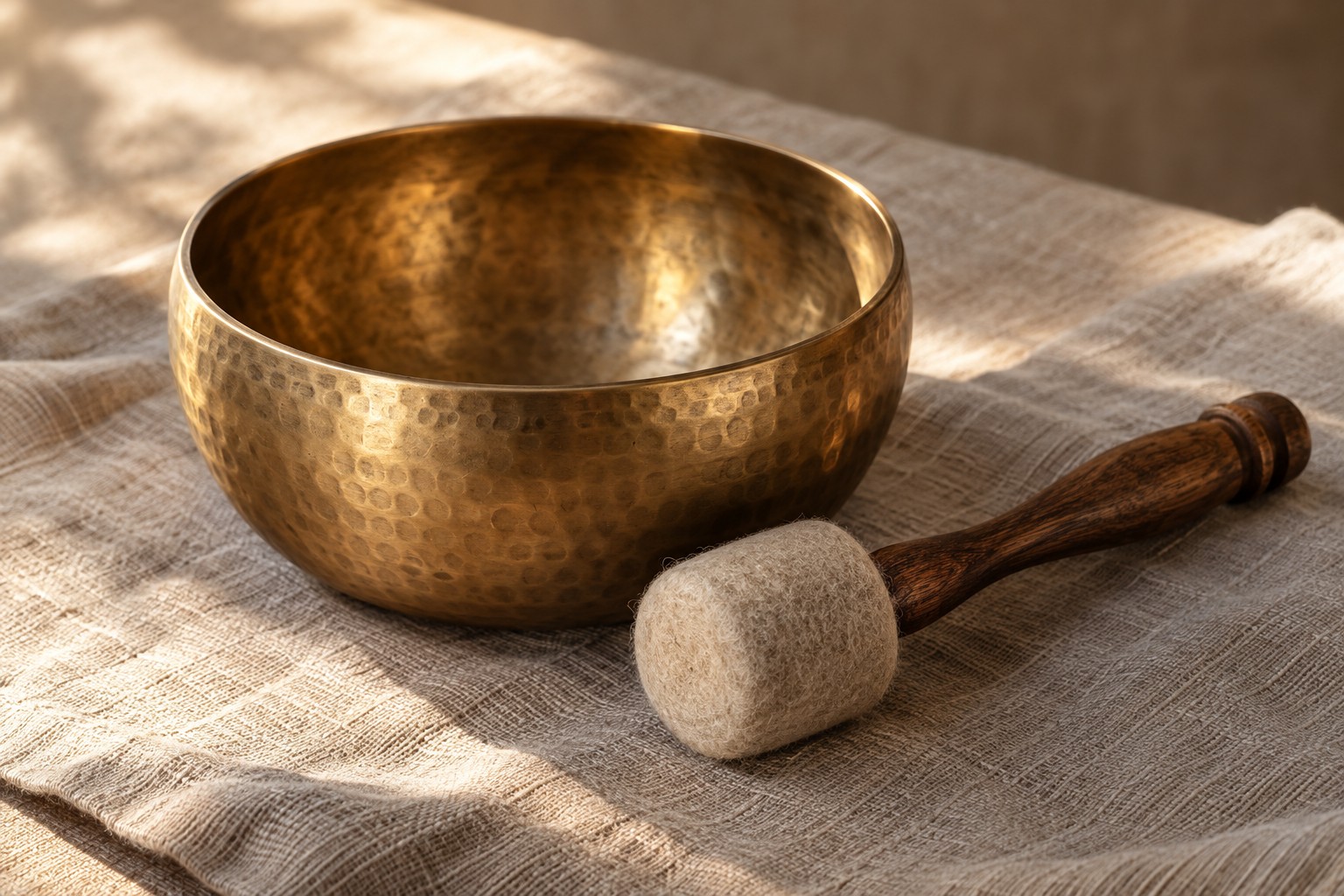 A bronze sound bowl and felt mallet resting on textured linen